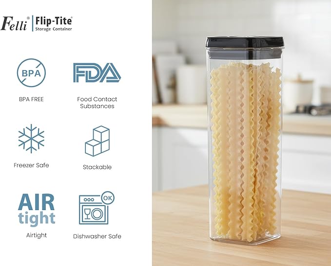 Felli Flip Tite TALL Storage Container with Lid 4" Air Tight Easy Open Ring Top, Clear Acrylic Skinny Canister Jar for Spaghetti Lasagna Fettuccine Noodle, Kitchen Cupboard Pantry Organizer (2.0 qt)