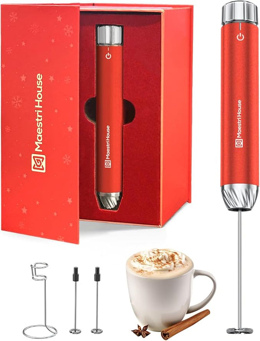Maestri House Rechargeable Milk Frother with Stepless Speed Control, Handheld Electric Foam Maker Waterproof Drink Mixer Foamer with Stainless Steel Stand & Whisks (Santa Red (Gift Box))