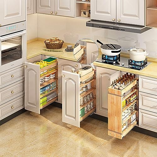 Pull Out Spice Rack Cabinet Organizer, (8" W x 21.9" D x 25.2" H) Multi-Use Soild Wood Pull Out Cabinet Organizer Slide Out Shelf Sliding Base Cabinet Storage Organization