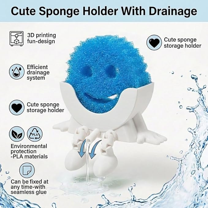 Creative Hanging Sponge Holder with Drainage/Traceless Glue, 3D Printing Countertop Funny Sponge Holders for Kitchen Sink, Keeps Your Sponge Dry & Smiling, for Scrub Daddy Holder (1, White)