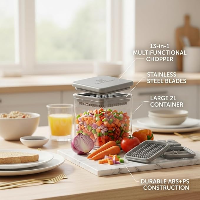 13-in-1 Vegetable Chopper with Container – Manual Veggie & Onion Food Chopper, Multifunction Vegetable Dicer for Fast Meal Prep, Kitchen Chopper with Stainless Steel Blades