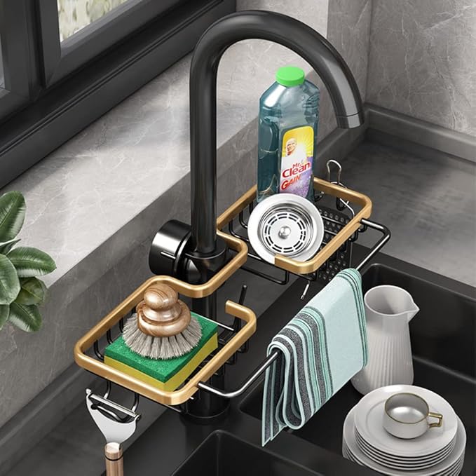 Faucet Sponge Holder Kitchen Sink Caddy Organizer Fit 0.71-1.1 inch Diameter Faucet Hanging Drain Rack for Sink Organizer (Double with Dishcloth Rack, Golden)