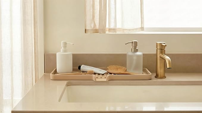 Silicone Soap Dish Tray and Sponge Holder with Drain Chute | Bathroom and Kitchen Sink Organizer Caddy (Pistachio, 12"x4", 7.4 Ounces)