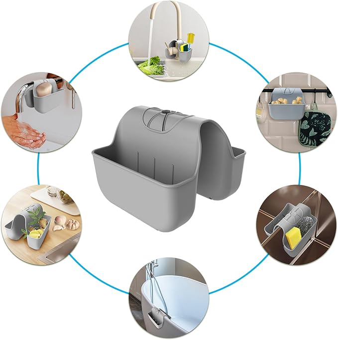 Sponge Holder for Kitchen Sink, Silicone Sink Saddle Caddy Organizer Rack, Sponges Holder Over Faucet, Hanging Kitchen Organizer Accessories Rack Basket - Grey