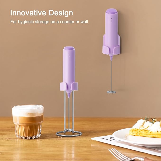Rechargeable Coffee Frother by ELMWAY, Electric Milk Frother with Charging Stand & Wall Mount, Handheld Drink Mixer, Foam Maker for Coffee, Matcha - Purple