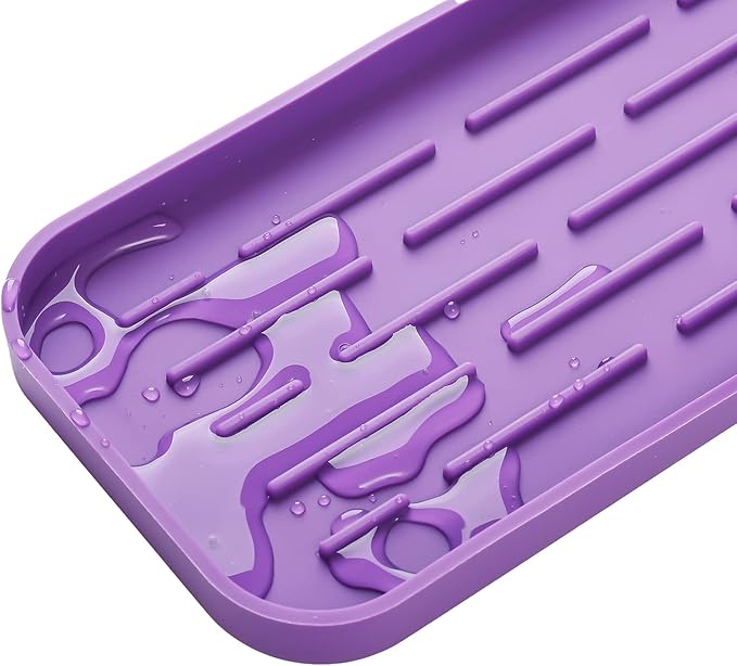 MicoYang Silicone Kitchen Sink Organizer Tray for Multiple Usage,Eco-Friendly Sponges Holder for Kitchen Bathroom Counter or Sink,Dish Soap Dispenser,Scrubber,Bottle,Cup (Purple, 10"×5.3")