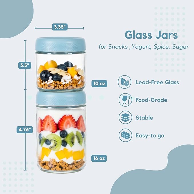 ColoVie 8 Pack Overnight Oats Containers with Lids, Chia Seed Pudding Jars, Stackable Mason Jars with Airtight Lids, Meal Prep, Wide Mouth Glass Food Storage for Snacks Yogurt Spice Sugar, 16oz 10 oz