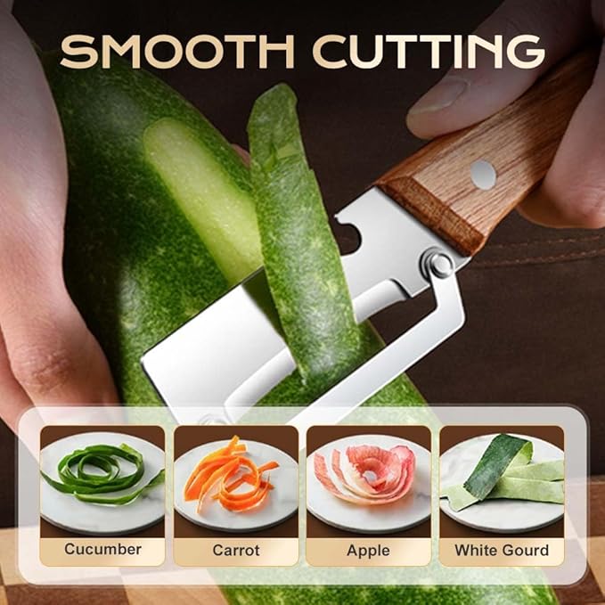 Multifunctional Vegetable Peeler, 2 in 1 Stainless Steel Peeler, Ultra-Sharp Stainless Steel Blade with Wooden Handle and Bottle Opener for Vegetables or Fruits, Kitchen Tool (Wooden)