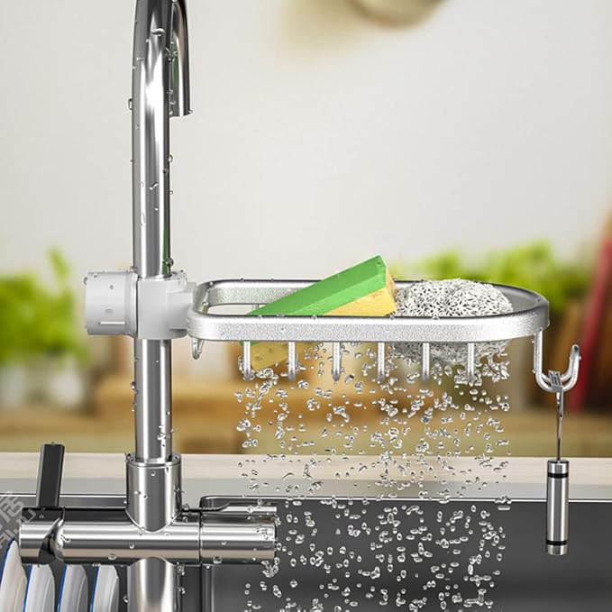 Faucet Sponge Holder Upgraded Kitchen Sink Caddy Organizer with Dish Towels Drying Rack & Hooks Over Faucet Hanging Faucet Drain Rack for Sink Organizer (Basic, Black)