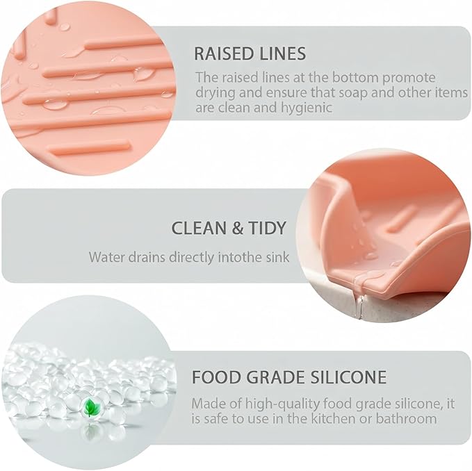MicoYang Silicone Soap Dish with Drain Spout, Self-Draining Sink Organizer Tray for Bathroom and Kitchen, Sponges, Dispensers and Soap Holder, Non-Slip and Dishwasher Safe, Pink (Compact, 4.9"×3.2")