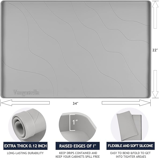 Heavy Duty Silicone Under Sink Mats for Kitchen Waterproof 37" x 22", Extra Thick Under Sink Rubber Mat Drip Tray, Raised Edge Under Sink Liner,Prevent Drips, Leaks, Spills,Grey