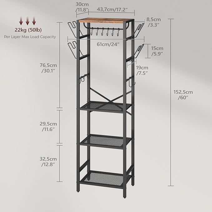 MAHANCRIS 4-Tier Pot Rack, Pots and Pans Organizer for Kitchen, Lid Organizer Rack with U-Shaped Lid Holders, Kitchen Storage Shelf for Standing Cookware, Rustic Brown and Black POHR3001
