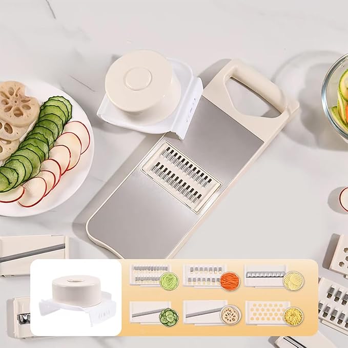 NACOLUS 6-Blade Mandoline Slicer with Slide-On Hand Guard - Vegetable Slicer, Carrot Shredder,Safe Potato/Garlic Slicer Vegetable Cutter, Waffle Fry Cutter (Beige, 6-in-1)