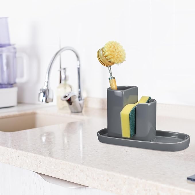 Geelin 3 in 1 Ceramic Kitchen Sink Caddy Dish Sponge Holder Scrub Brush Holder and Soap Tray for Kitchen Organizer Rustic Farmhouse Supplies (Gray)