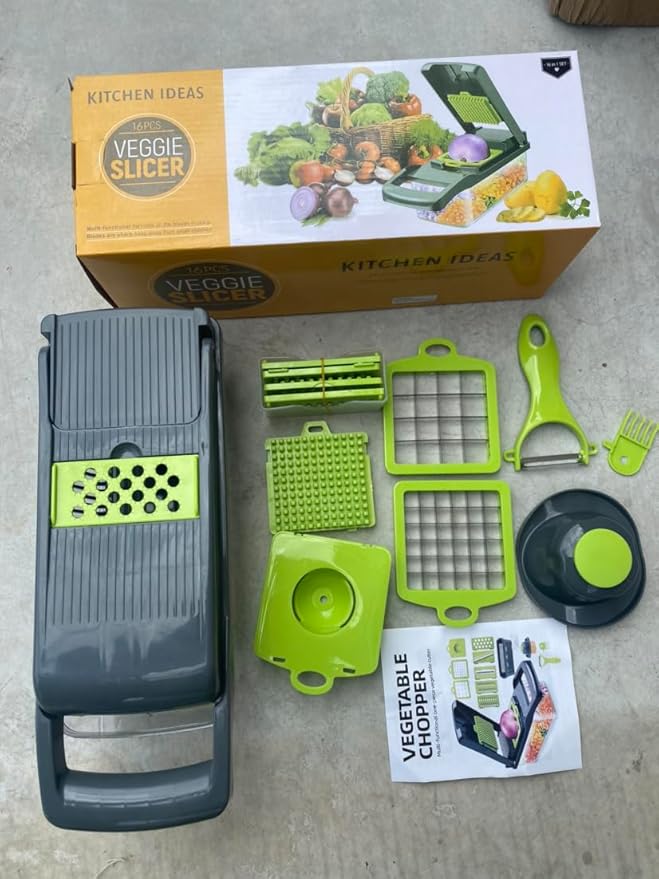 Vegetable Chopper and Slicer Set, 14 Pieces, Multi-Function Kitchen Mandoline with Interchangeable Blades, 13.2 x 4.9 x 3.9 inches, Gray/Green