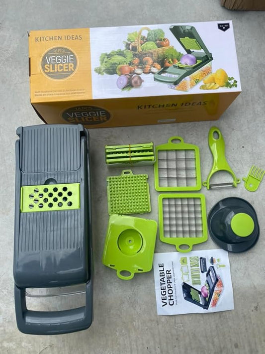 Vegetable Chopper and Slicer Set, 14 Pieces, Multi-Function Kitchen Mandoline with Interchangeable Blades, 13.2 x 4.9 x 3.9 inches, Gray/Green