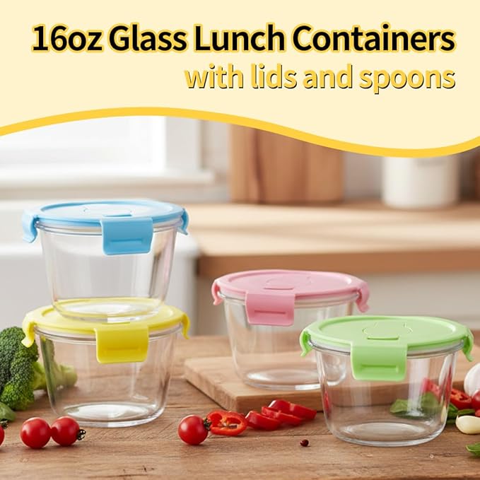 2 Cup Round Glass Soup Container with Lids and Spoons, 16oz Round Food Containers set, BPA-Free Small Borosilicate Glass Meal Prep Bowls for Leftover, Office. Oven, Freezer Safe (4 Pack)