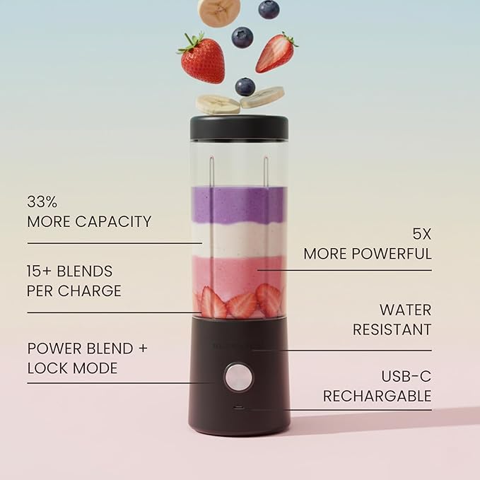 Portable Blender for Smoothies - 16oz Personal Mini Blender, USB-C Rechargeable and Self-Cleaning, Black