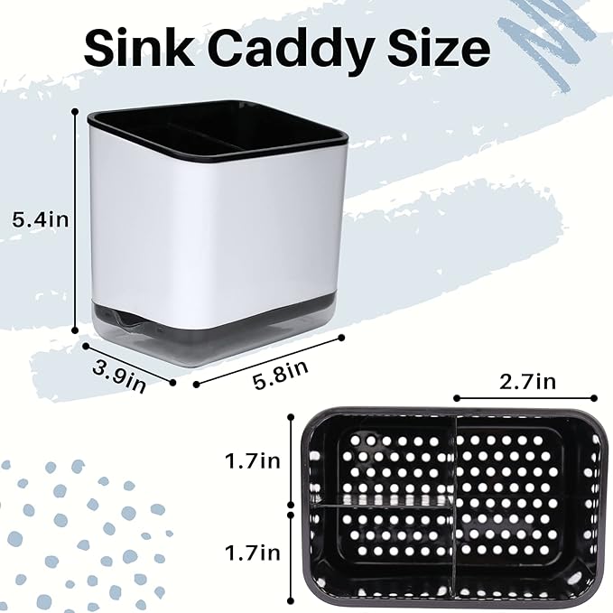 KeFanta Sink Caddy for Countertop, Sponge Holder for Kitchen Sink, Dish Sponge and Brush Holder, Plastic Dish Scrubber Organizer with Drain Pan, Black