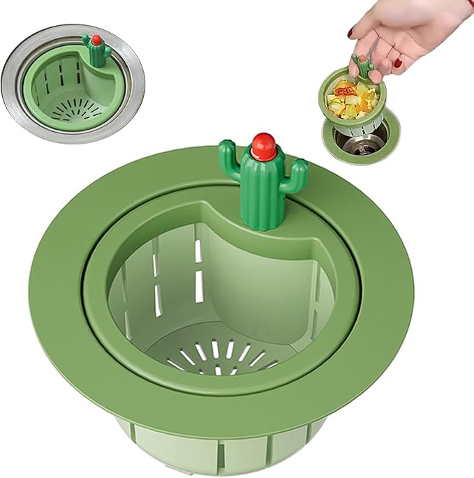 Cactus Kitchen Sink Drain Strainer, 2026 New Upgrade Self-Cleaning Press Dumping Basket, Faucet Hanging Filter Basket, Food Residue Collector Kitchen Bathroom Accessory (Green)
