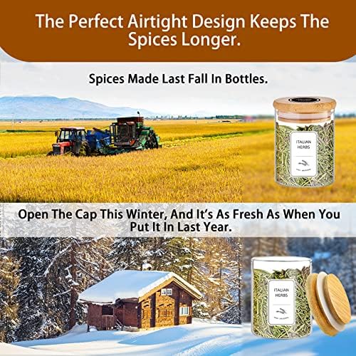 Spice Jars with Label, 7.5 oz 20pcs Spice Containers Glass Jars with Bamboo Lids, Seasoning Containers Bottles,Airtight Empty Spice Jars for Spice Rack, Drawer,Cabinet,Pantry