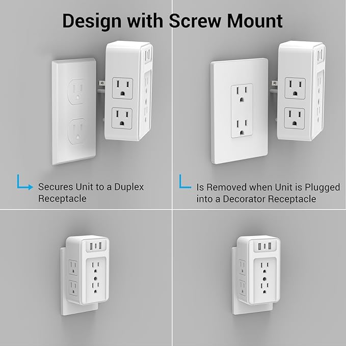 Clear Power Multi Plug Outlet Extender, 6-Outlet Splitter with 3 USB Ports (1x USB-C), 3-Sided Power Strip USB Wall Charger for Home & Office, White, DC3S-1006-DC