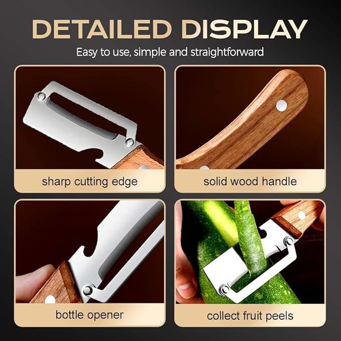 Multifunctional Vegetable Peeler, 2 in 1 Stainless Steel Peeler, Ultra-Sharp Stainless Steel Blade with Wooden Handle and Bottle Opener for Vegetables or Fruits, Kitchen Tool (Wooden+Cute)
