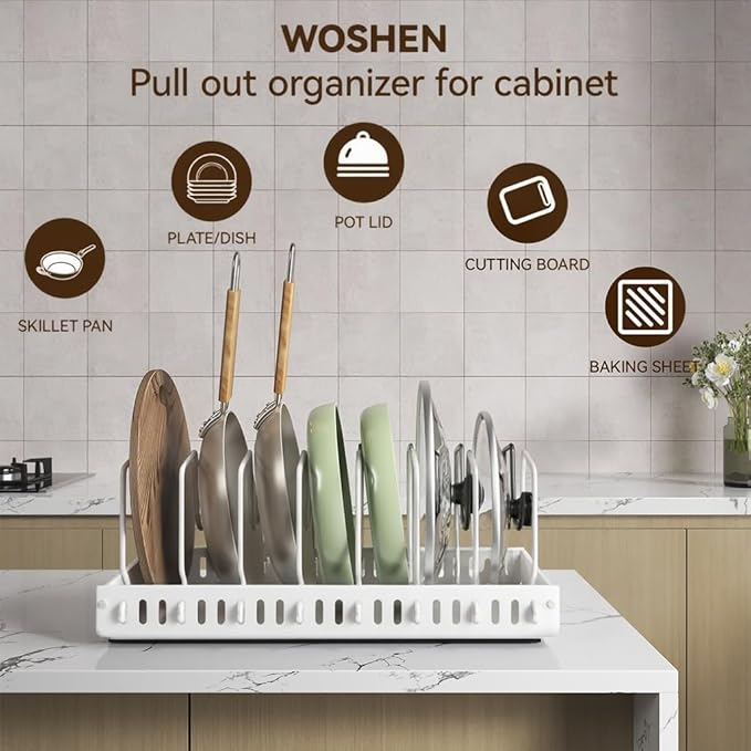 Pots and Pans Organizer Under Cabinet, Pull-out Pots and Pans Organizer, Under Cabinet Pot Lid Holder, Sliding type Pots and Pans Storage with 8 Adjustable Dividers for Kitchen
