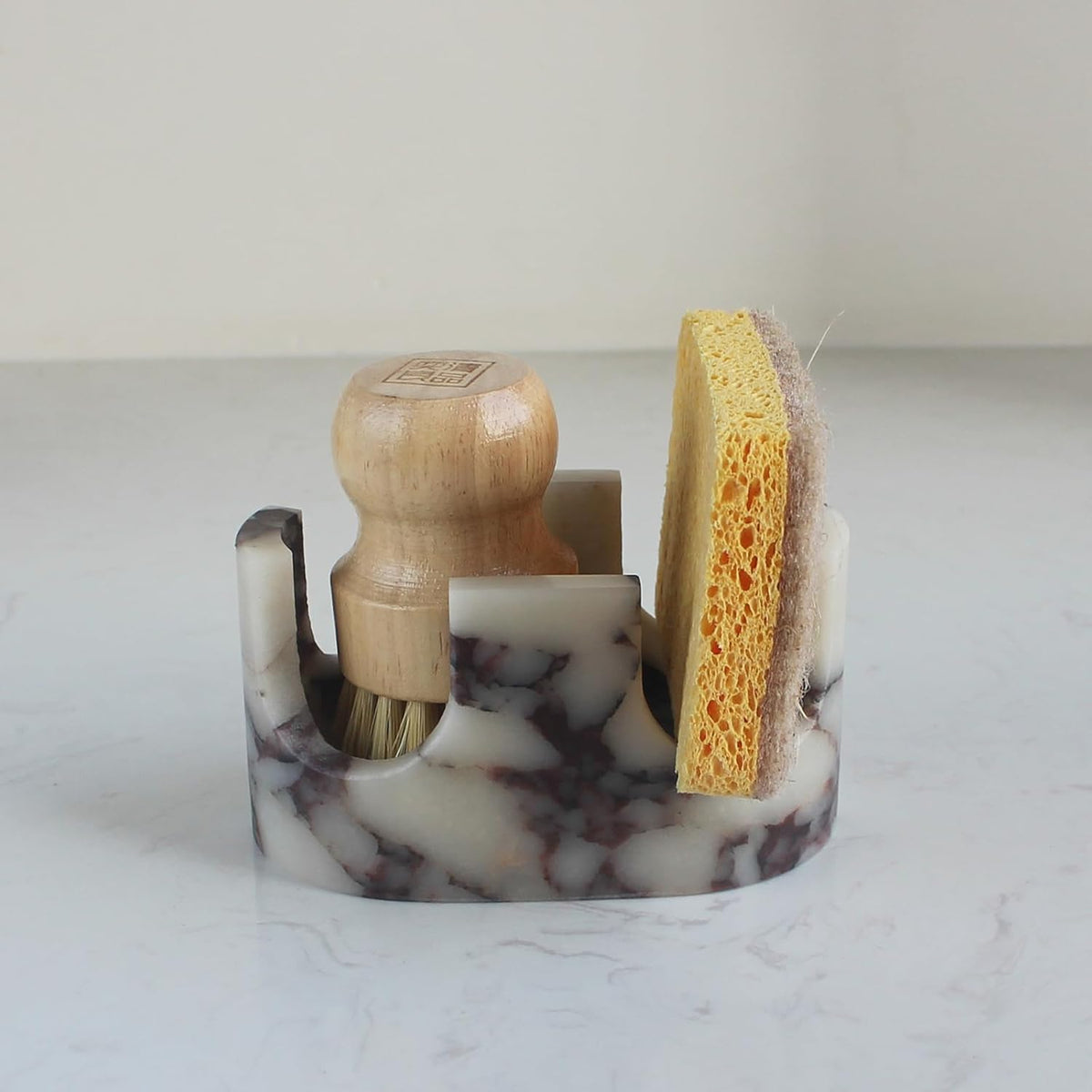 Natural Travertine Marble 2-Slot Sponge Holder for Kitchen Counter, 2-in-1 Stone Drying Rack, Sponge Caddy for Sink Organizer - Calacatta Viola Marble