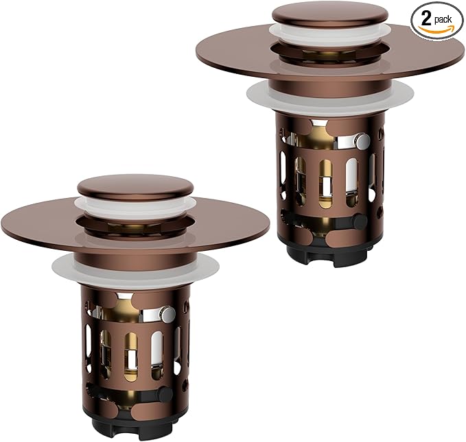 Hibbent 3 Pack 3 in 1 Bathroom Sink Drain Strainer, Universal Pop Up Stopper with Removable Stainless Steel Filter Basket Hair Catcher, Sink Plug for 1.1''~2.36'' Basin, Brass Bullet Core, Rose Gold