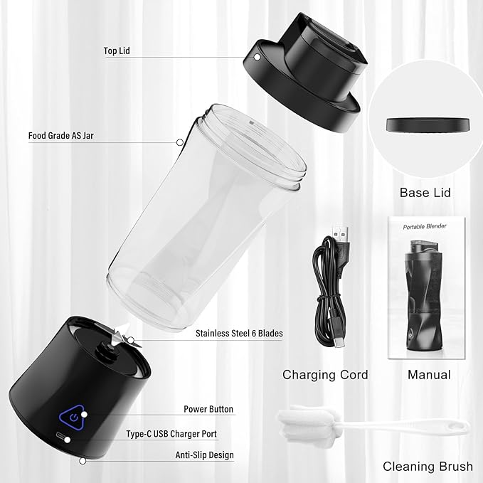 Portable Blender, 360 Watt Personal Blender for Shakes and Smoothies, 6000mAh USB Rechargeable, BPA Free 24 Oz Juicer Cup with 6 Blades and Lid, Self Cleaning Portable Juicer for Kitchen, Deep Black
