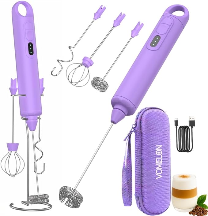 Rechargeable Milk Frother Handheld 3 Speed Coffee Foamer [3 Whisk] Electric Drink Mixer for Latte, Cappuccino, Coffee, Eggs, Hot Chocolate, Purple