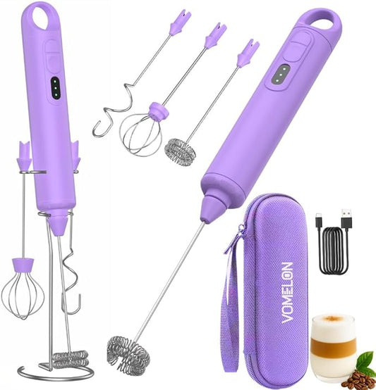 Rechargeable Milk Frother Handheld 3 Speed Coffee Foamer [3 Whisk] Electric Drink Mixer for Latte, Cappuccino, Coffee, Eggs, Hot Chocolate, Purple