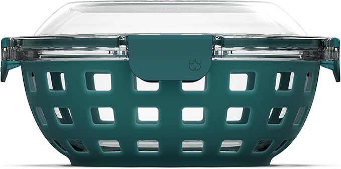 Ello DuraGlass Food Storage Glass Lunch Bowl Container - Meal Prep Container with Silicone Sleeve and Airtight Lid, 5 Cup, Teal