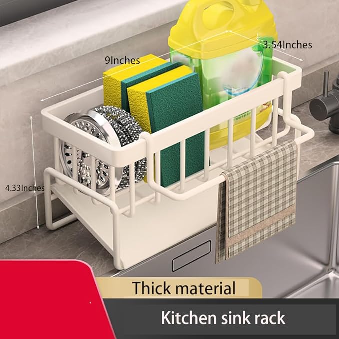 Sink Caddy Kitchen Sink Organizer, Sponge Holder for Kitchen Countertop for Dish Brush Gloves, Dish Cloth Hanger, Rustproof Kitchen Caddy with Drip Tray (White)