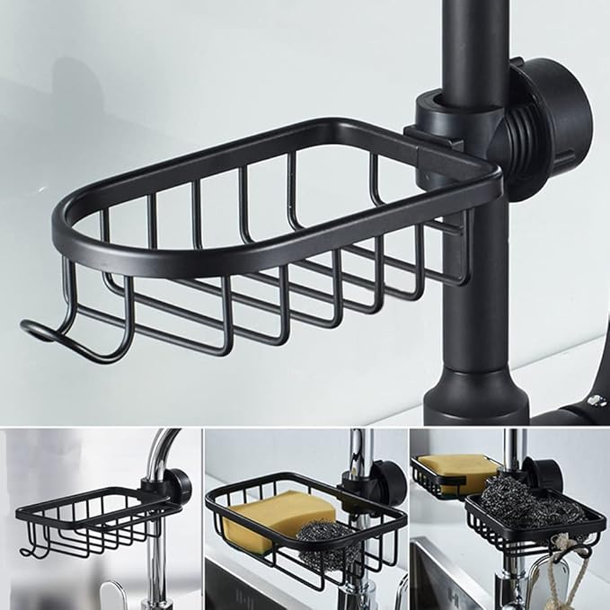 Kitchen Faucet Sponge Holder Sink Caddy Organizer Over Faucet Hanging Faucet Drain Rack for Sink Organizer (Black-Upgraded)