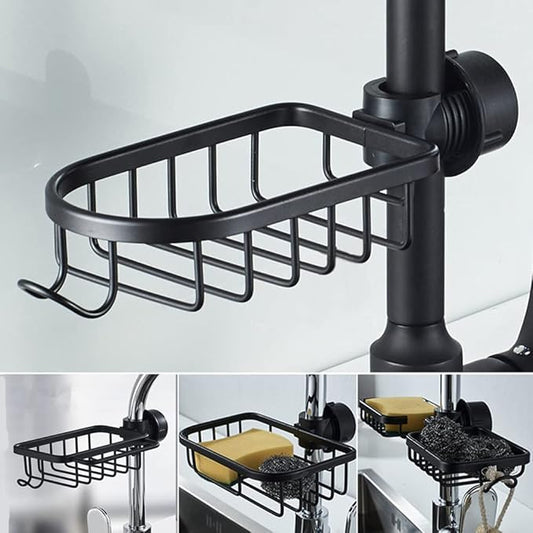 Kitchen Faucet Sponge Holder Sink Caddy Organizer Over Faucet Hanging Faucet Drain Rack for Sink Organizer (Black-Larger)