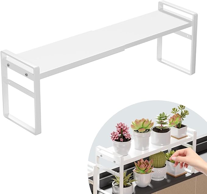 Retractable Over The Sink Shelf - Carbon Steel Window Sill Plant Shelves, Kitchen Counter Shelf for Plants & Storage Organization Accessories (White)