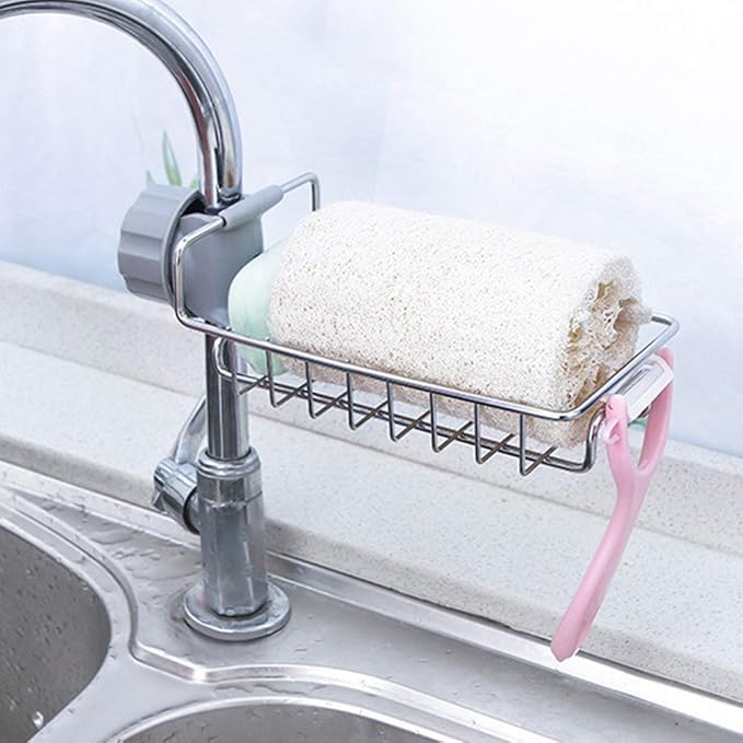 Sponge Holder for Kitchen Sink, Stainless Steel Sink Faucet Organizer Over Faucet Organizer, Detachable Sink Caddy Organizer for Kitchen Bathroom Hanging Cleaning Supplies