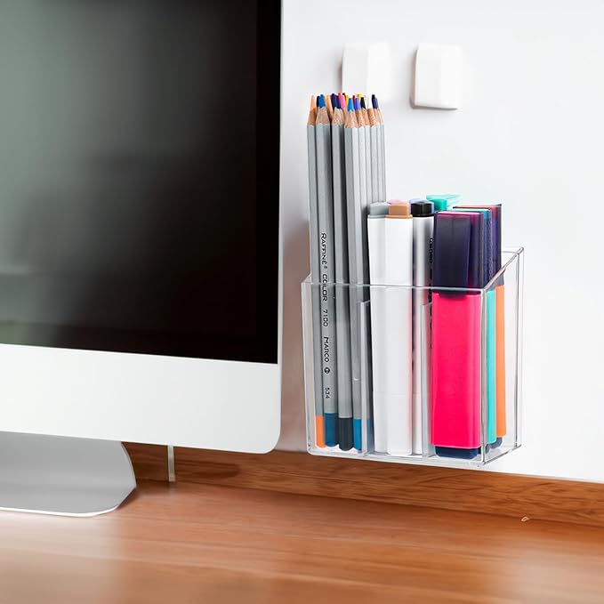 ZEXALOR Wall Mounted Storage Organizer Bins Organizing Shelf Basket Clear Plastic Makeup Organizer Adhesive Hanging Bin Fridge Organizer for Bathroom,Kitchen,Cabinet,Pantry,Countertops (3.7×2.6×3.9")