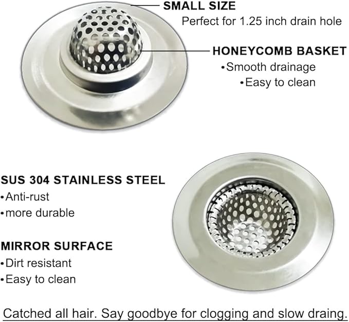 Seatery 1.25" Small Drain Strainer, Sink Drain Hair Catcher, Bathroom Sink Strainer, 2PCS Drain Mesh Baskets for Laundry, Mop Pool, Utility, Slop, RV Sink, Stainless Steel Drain Filter