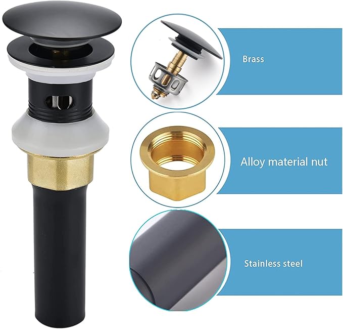 Rockgoya Bathroom Sink Drain,5 Pack Drain Stopper Bathroom Sink with Overflow,Pop Up Drain Assembly with Detachable Strainer Basket,Built-in Anti-Clogging Strainer,Stainless Steel Mattle Black