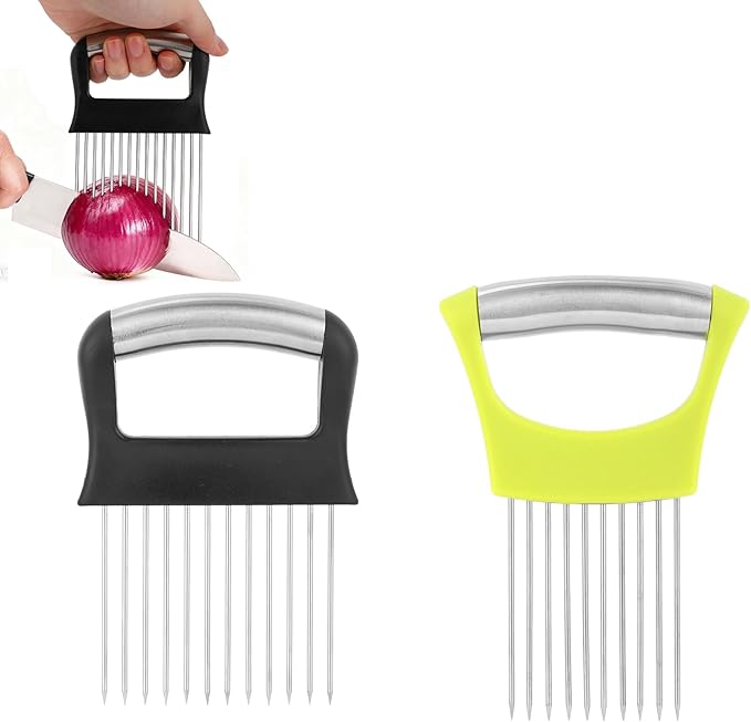 2pcs Onion Holder for Slicing, 2 Styles Stainless Steel Tomato and Potato Slicer Versatile Food Slice Holder Home Kitchen Tool for Meat Onion Tomato Potato