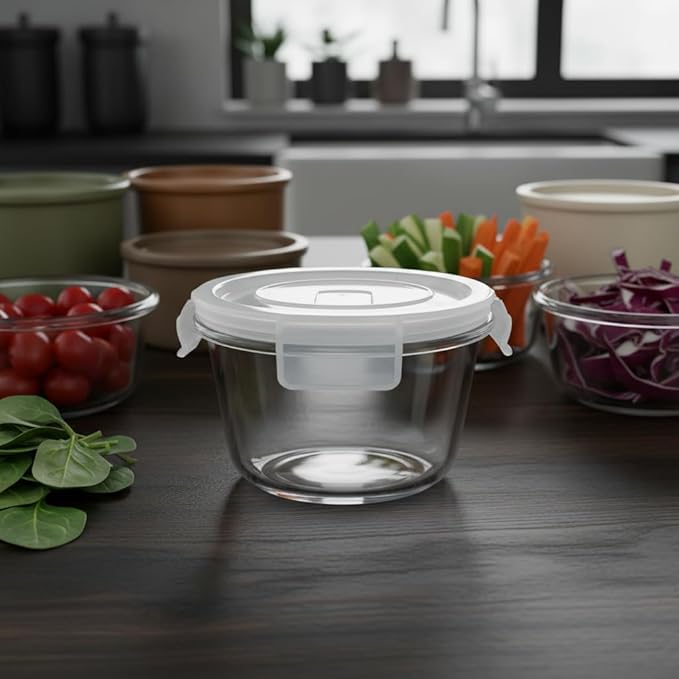 H.JSS WDJS 2 Cup Round Glass Food Storage Containers with Airtight Lids,16oz Round Glass Soup Container, BPA free Small Food Storage Containers for Leftover. Microwave, Freezer, Dishwashe safe-4pack