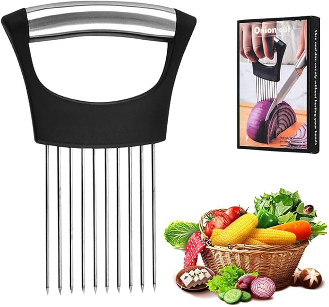 Onion Holder for Slicing, 2025 New Stainless Steel Onion Slicer Holder, Lemon Tomato Onion Cutter, Vegetables Fruit Chopper Kitchen Gadgets Assistant Tool for Meat, Eggs, Onion, Potato, Tomato (1)