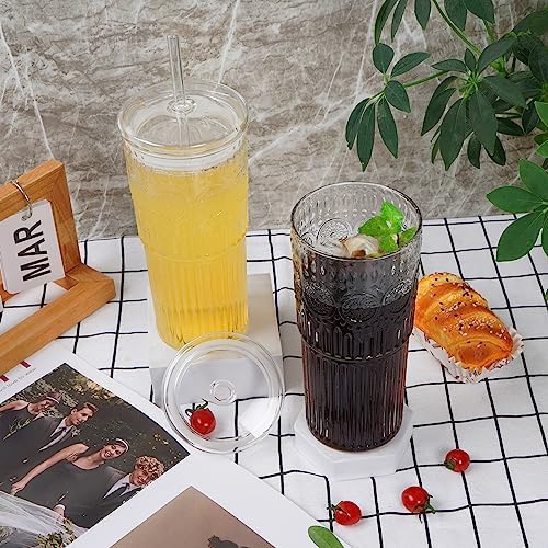 All Glass Iced Coffee Cup With Lids and Straws，24 OZ High Borosilicate Glass Tumbler for Water Smoothie Juice Drinks