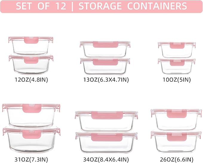 FAWLES 12 Pack Glass Storage Containers with Lids, Leak-Proof Meal Prep Containers, Dishwasher/Microwave/Oven/Freezer Safe Glass Food Storage Containers for Leftovers, to Go
