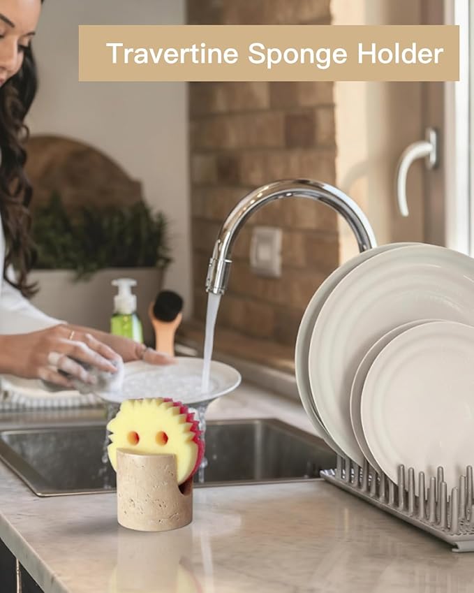 Natural Travertine Stone Sponge Holder, Compact Upright Sink Organizer for Kitchen & Bathroom Countertops, Porous Stone Design Supports Everyday Drying, Minimal Decor, Beige