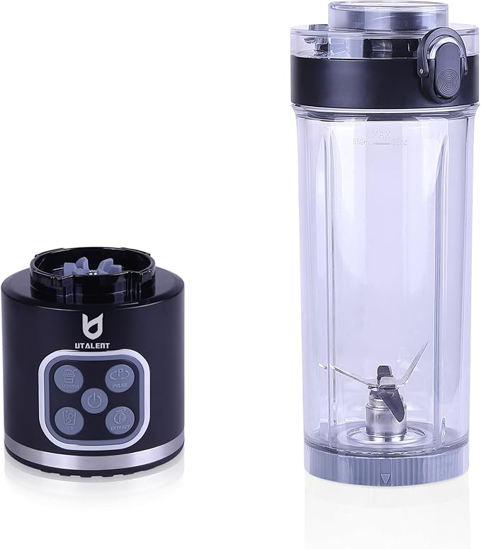 UTALENT Cordless Portable Blender, 25 oz removable Vessel, 700W Personal Blender, For-Smoothies, Ice Crush, 4 Programs, Leakproof-Lid & Sip Spout, USB-C Rechargeable, Dishwasher Safe Parts, Black
