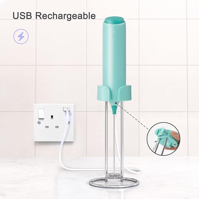 Rechargeable Coffee Frother by ELMWAY, Electric Milk Frother with Charging Stand & Wall Mount, Handheld Drink Mixer, Foam Maker for Coffee, Matcha - Green